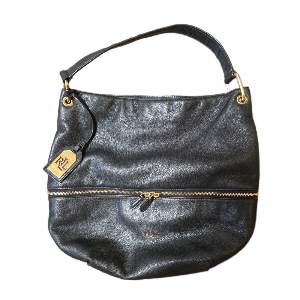 Lauren Ralph Lauren Black Pebbled Leather Purse Handbag Hobo Tote